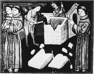 Francis Orders the Destruction of the Commune House at Portiunucla, miniature from St. Bonaventure, Legenda Maggiore (15th c.)