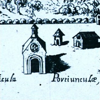 Sacra Aedicula Portiunculae, engraving by Francesco Providoni (1704). Detail.